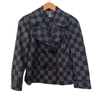 Per Se Navy & Gray Checkerboard Wool Cropped  Double Breasted Jacket Size 4